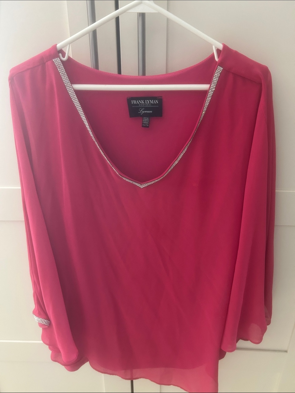 Frank Lyman Design Hot Pink V-Neck Blouse with Rhinestone Trim